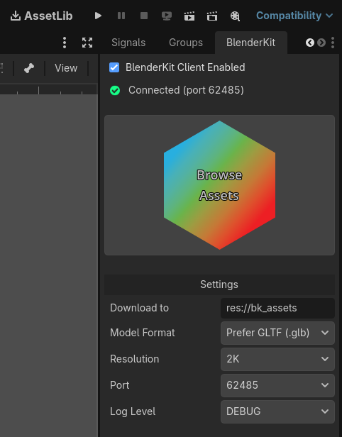 BlenderKit tab in Godot editor's right dock next to Inspector.