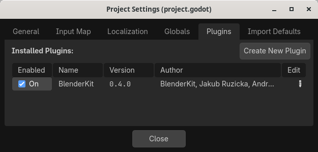 Godot Project Settings open to the Plugins tab with BlenderKit enabled.