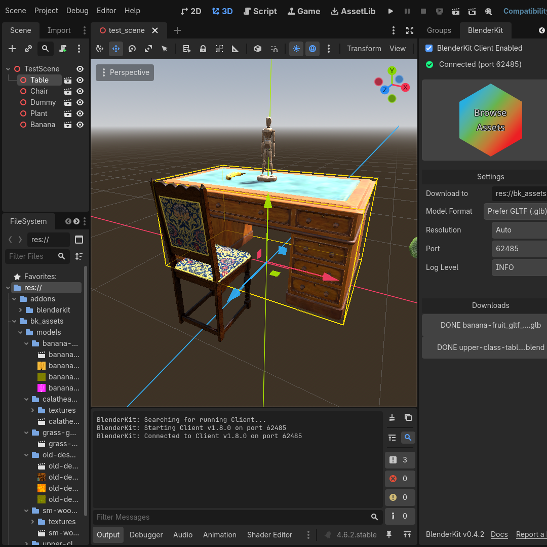 Godot Editor with the BlenderKit add-on enabled.