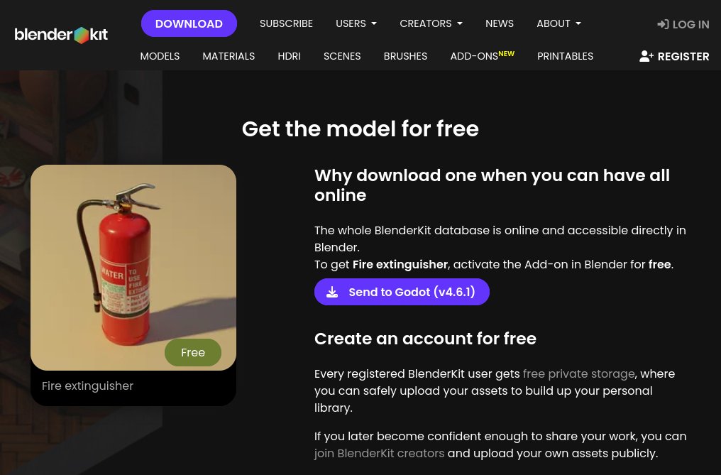 The elusive [Send to Godot] button on BlenderKit Get the model page.